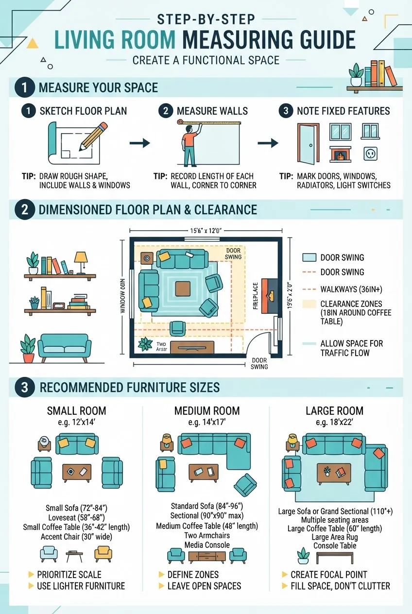 shows step-by-step living room measuring guide: includes icons/illustrations of measuring tape, floor plan with dimensions, clearance zones