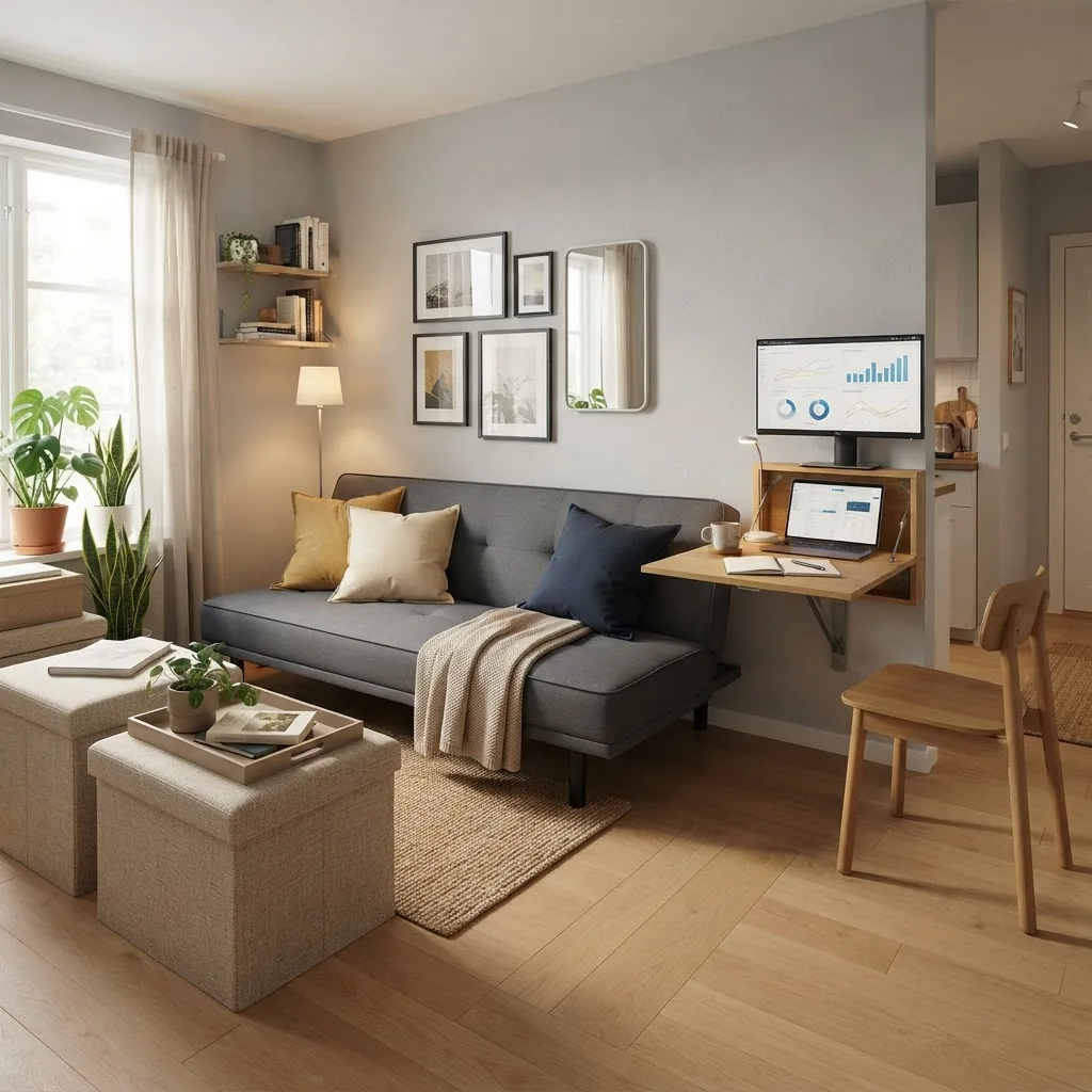 A contemporary small apartment room featuring a sleek sofa bed, a foldable wall-mounted desk, and multi-use storage ottomans, captured from