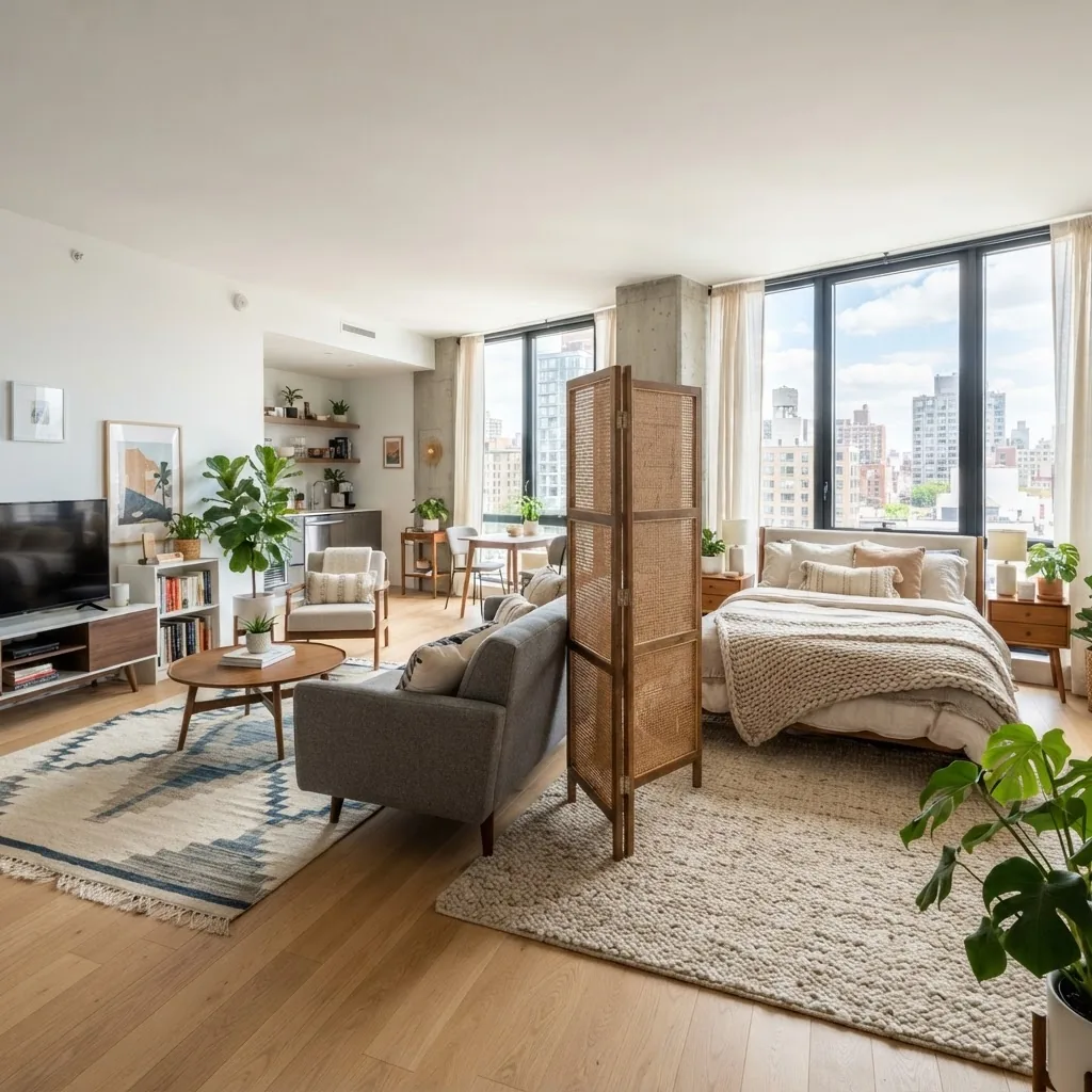 A bright modern apartment interior showing a combined living room and bedroom with a stylish folding room divider and distinct area rugs