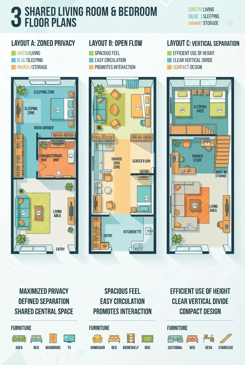 A clean infographic displaying three different shared living room and bedroom floor plans side-by-side, each with color-coded zones