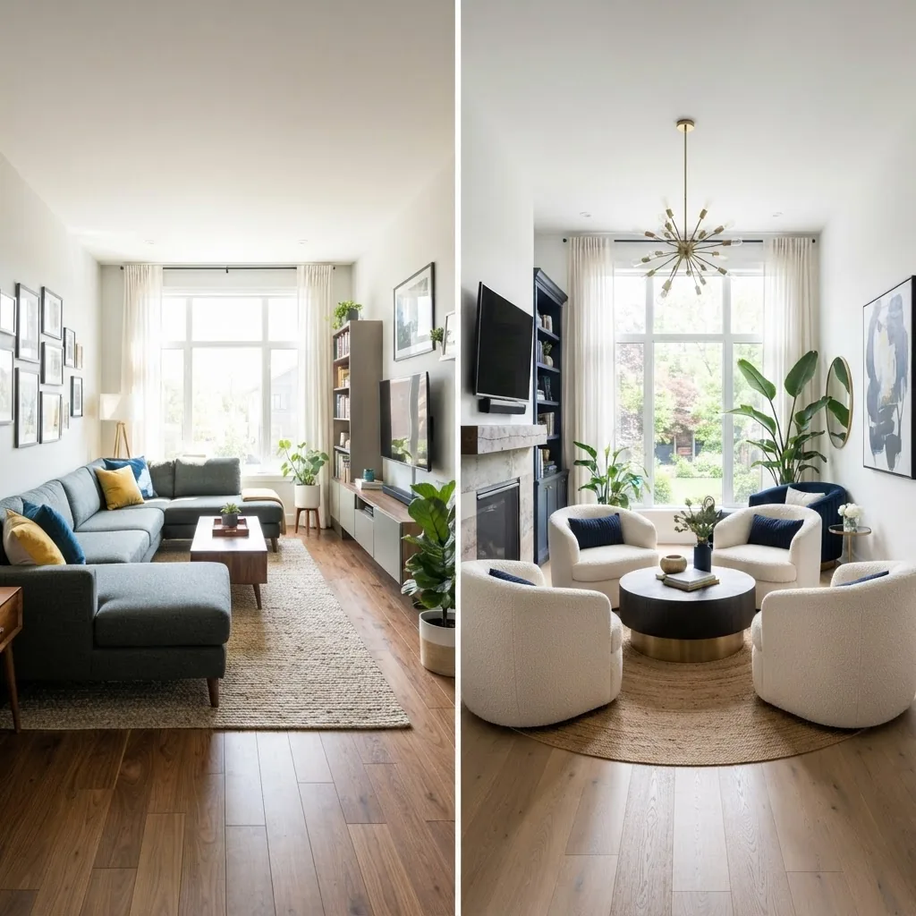 A split-view image showing two living rooms side-by-side: one rectangular with a sectional sofa arrangement and one square with a circular