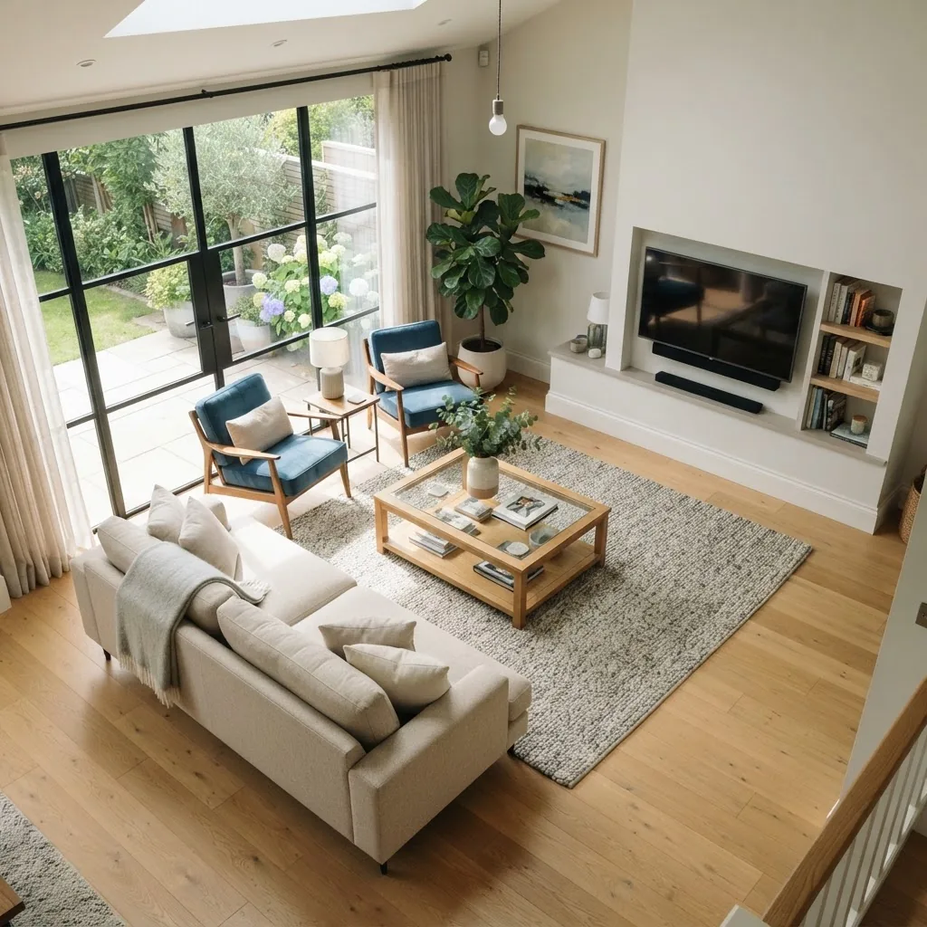 A bright, modern living room photographed from an angled aerial perspective, showing a well-balanced furniture arrangement around a central