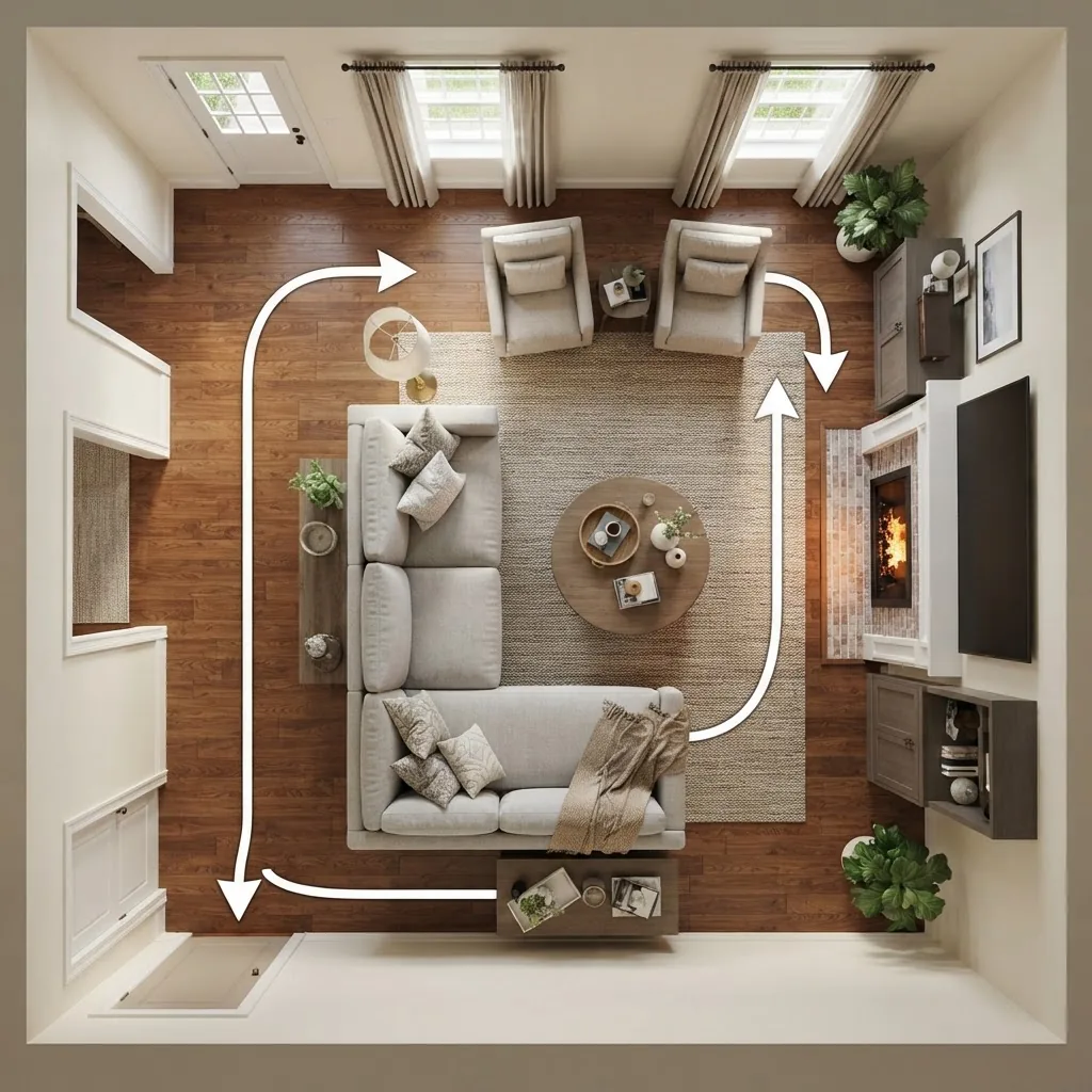 photorealistic overhead view of a mid-sized rectangular living room with arrows showing clear traffic flow paths between furniture pieces,