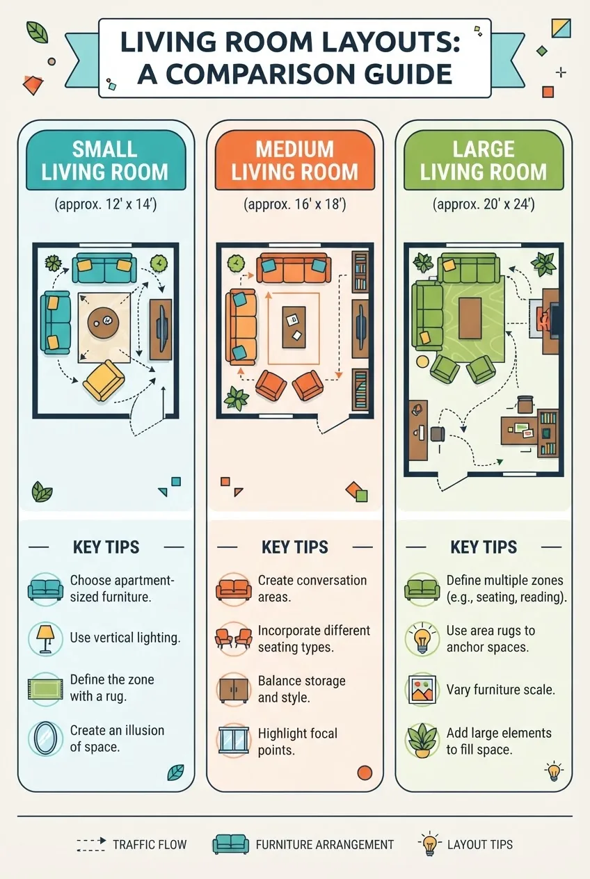 A three-part infographic comparing small, medium, and large living room floor plans side-by-side, each with illustrated furniture
