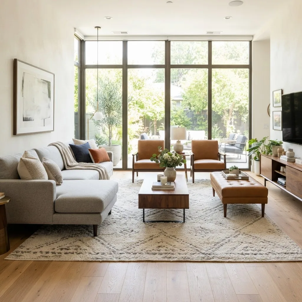 A bright modern living room setting featuring a coordinated furniture set including a sleek sectional sofa, a pair of accent chairs, a