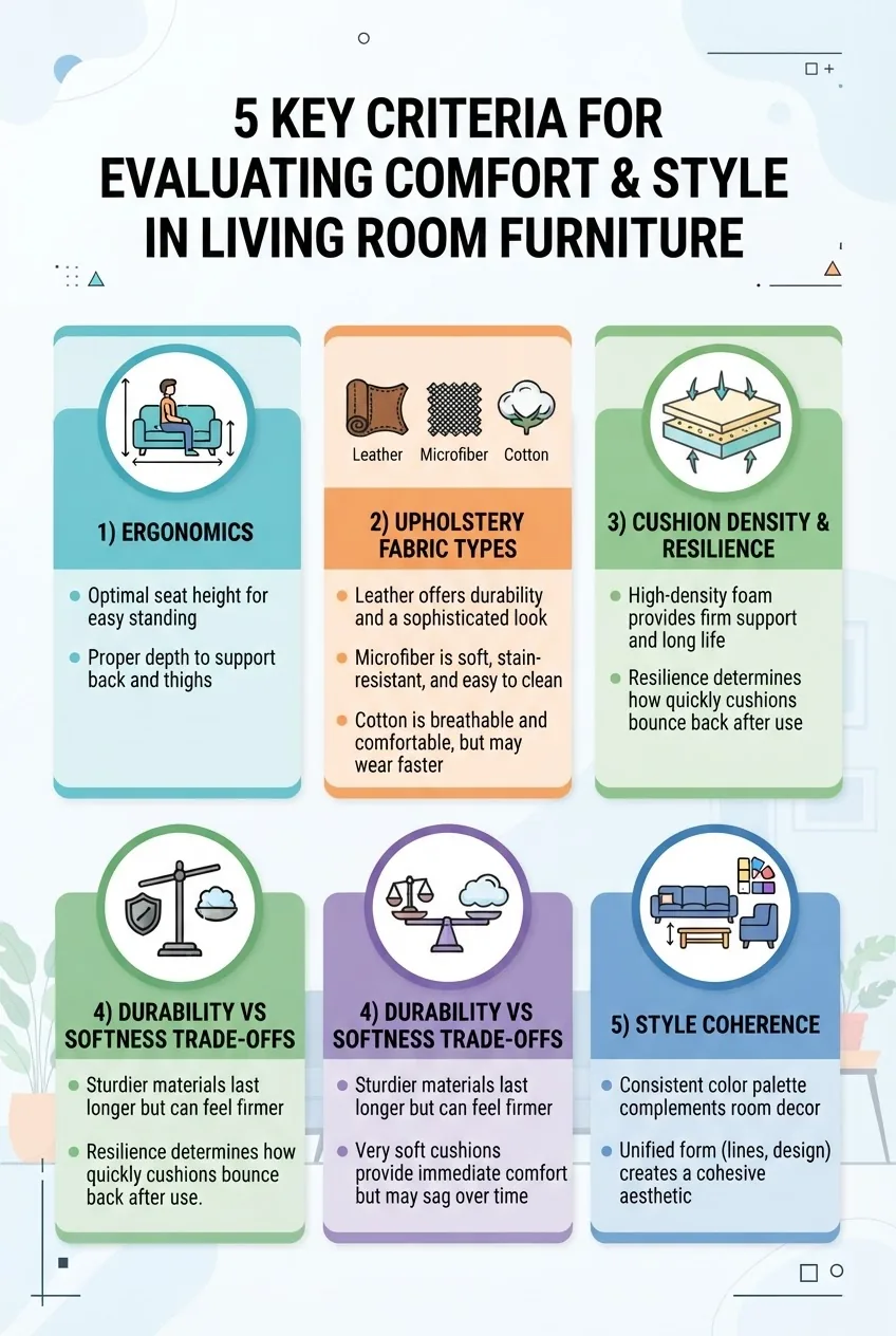 A clean infographic outlining 5 key criteria to evaluate comfort and style in modern living room furniture sets: 1) Ergonomics (seat