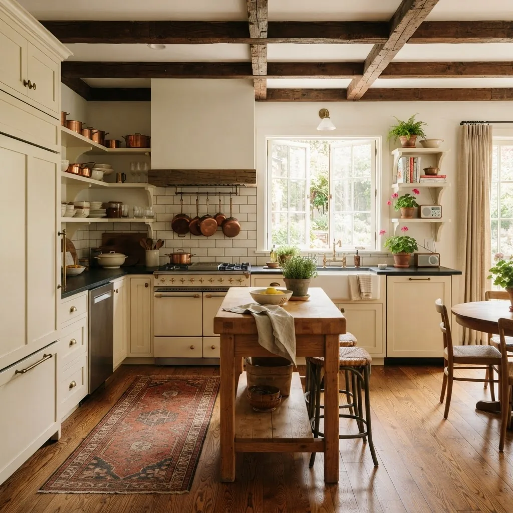 Interior photo of a renovated vintage kitchen blending classic cabinetry with modern appliances, warm natural light showcasing preserved