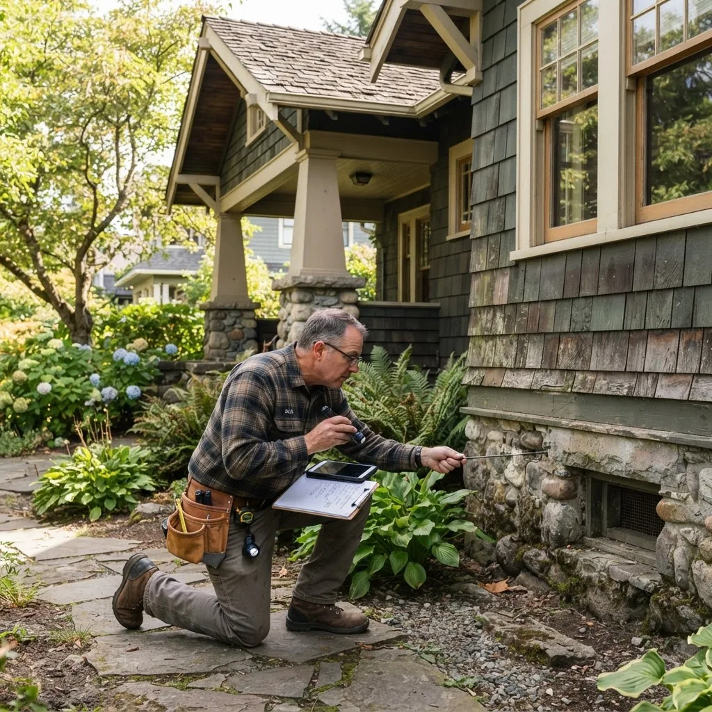 High-resolution photo of an older craftsman-style house exterior being inspected by a professional wearing a tool belt, mid-morning natural