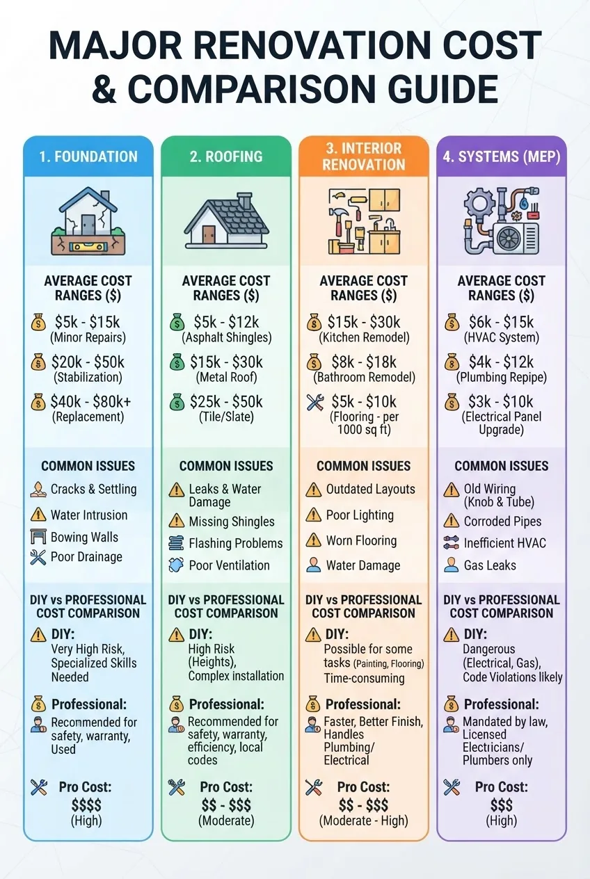 shows four columns representing major renovation categories (foundation, roofing, interior, systems), each column with icons, average cost