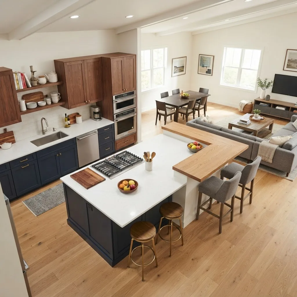 a well-organized open concept kitchen layout showing practical furniture arrangement, including a kitchen island, peninsula seating, clear