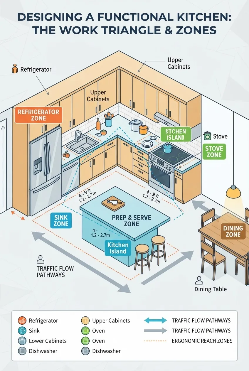 shows a detailed kitchen work triangle illustration with three main zones (sink, stove, refrigerator), plus supplementary zones like island