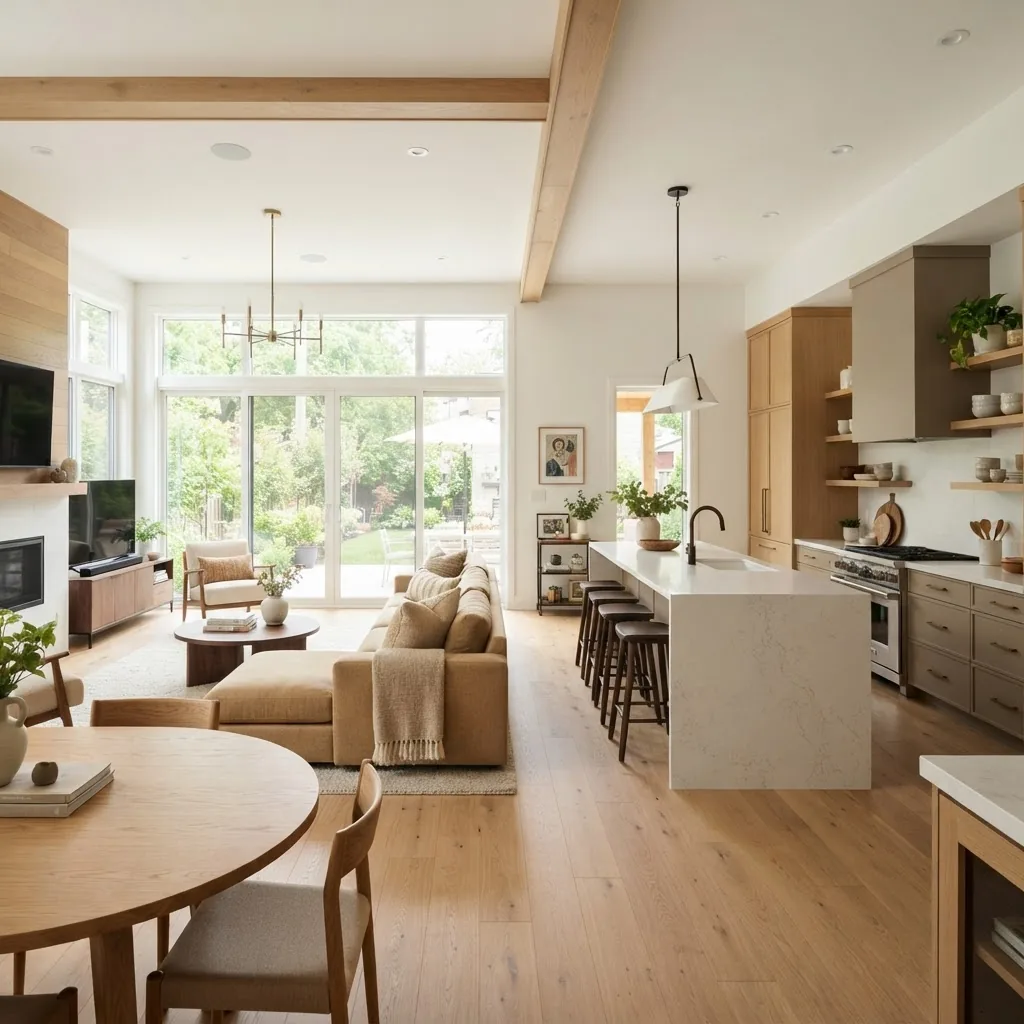 A spacious modern open concept kitchen living room with an island in the kitchen, sectional sofa in the living room, natural light flooding