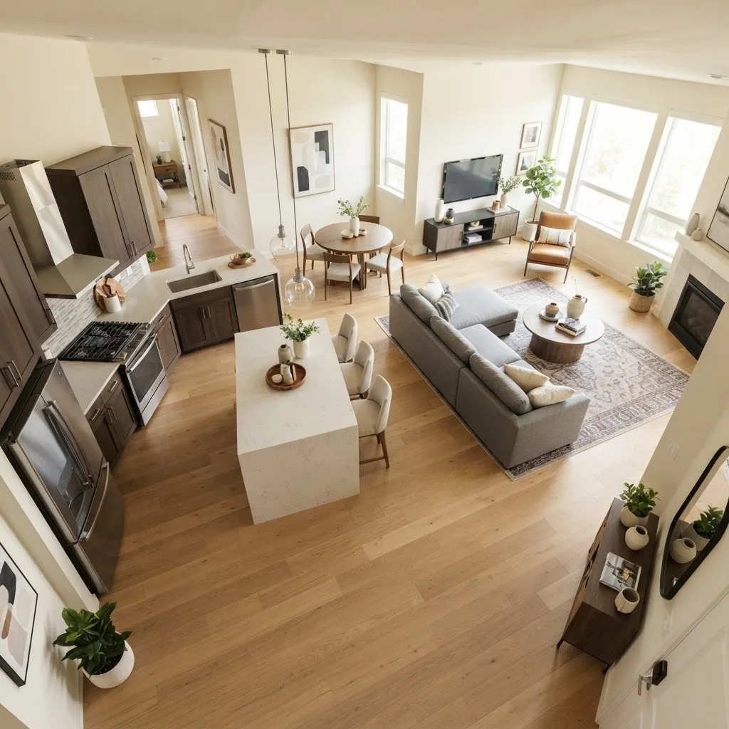 Overhead view of a mid-sized open concept kitchen and living room showing furniture zones, clear traffic pathways, kitchen island with