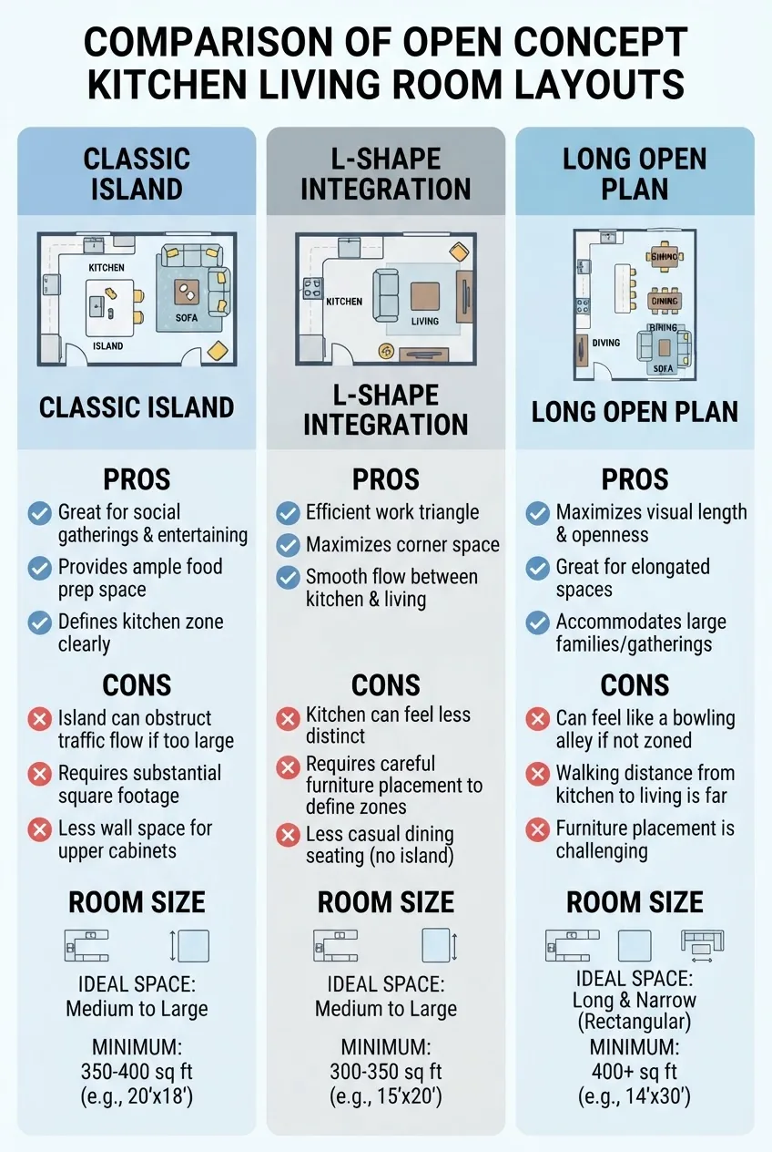 A clean infographic comparing three main open concept kitchen living room layouts: Classic Island, L-Shape Integration, and Long Open Plan;