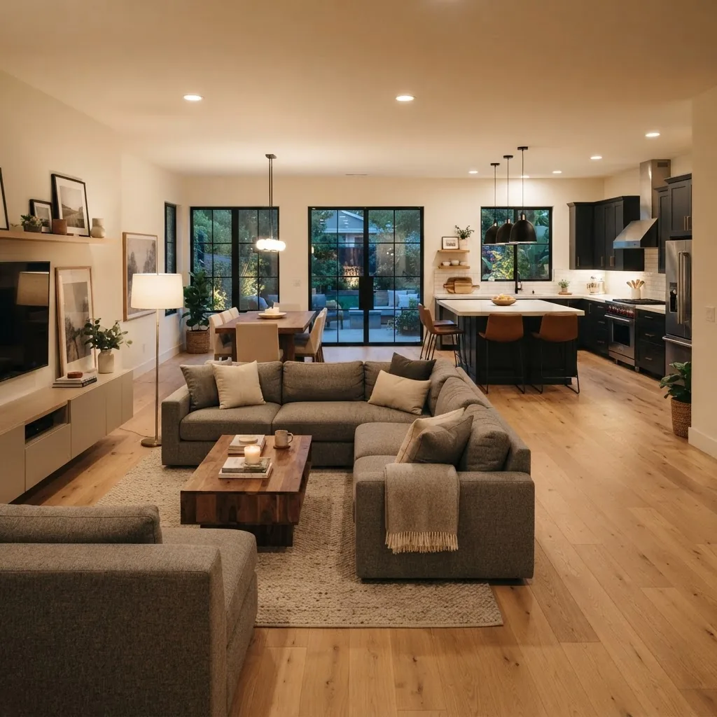 contemporary open floor plan living room showcasing furniture groups arranged to define zones—a sectional sofa, coffee table, dining set