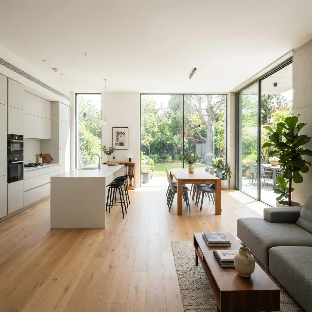 A bright, modern living space with kitchen, dining, and living areas seamlessly connected without walls, showing natural light flowing