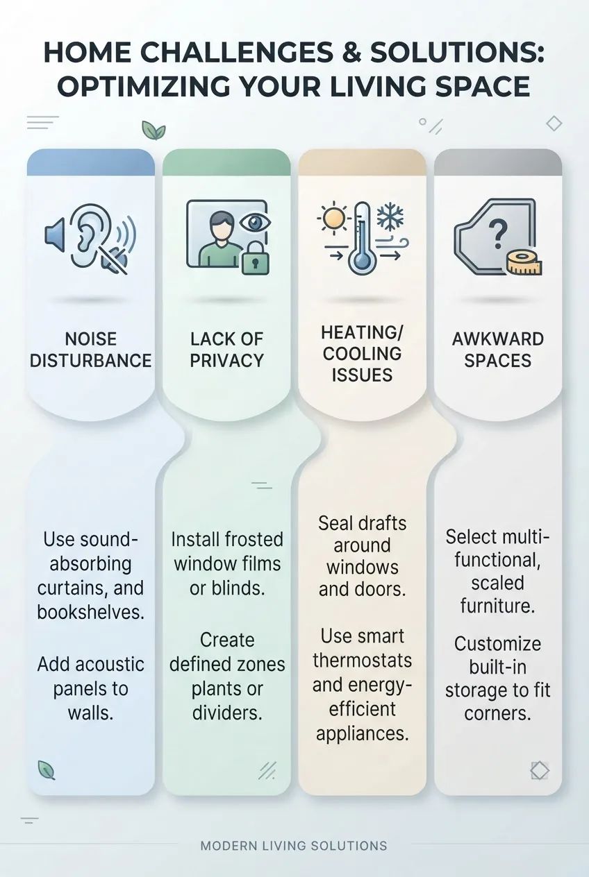 A clear infographic with four columns, each showing a common challenge (noise, privacy, heating/cooling, awkward spaces) at top with a