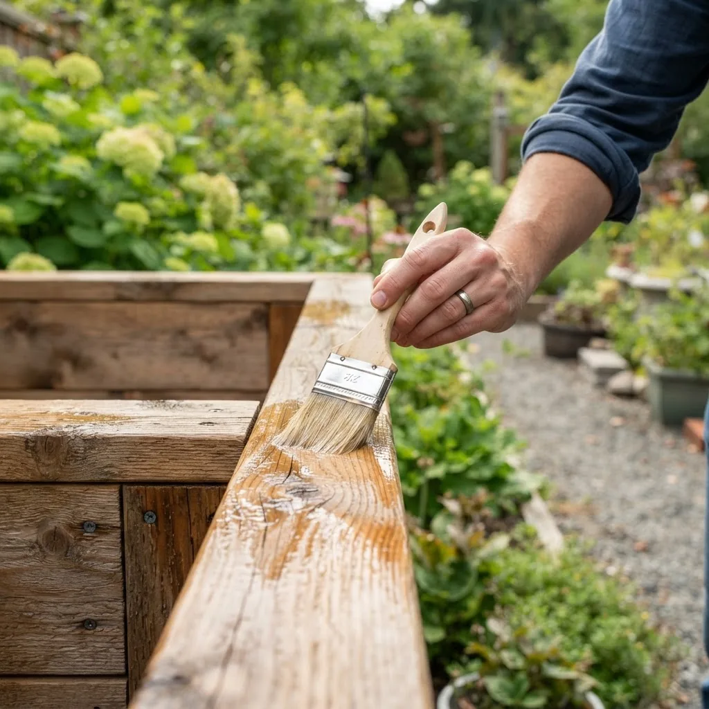 a hand applying clear waterproof sealant with a brush to an outdoor wooden planter box, natural outdoor garden background, soft natural