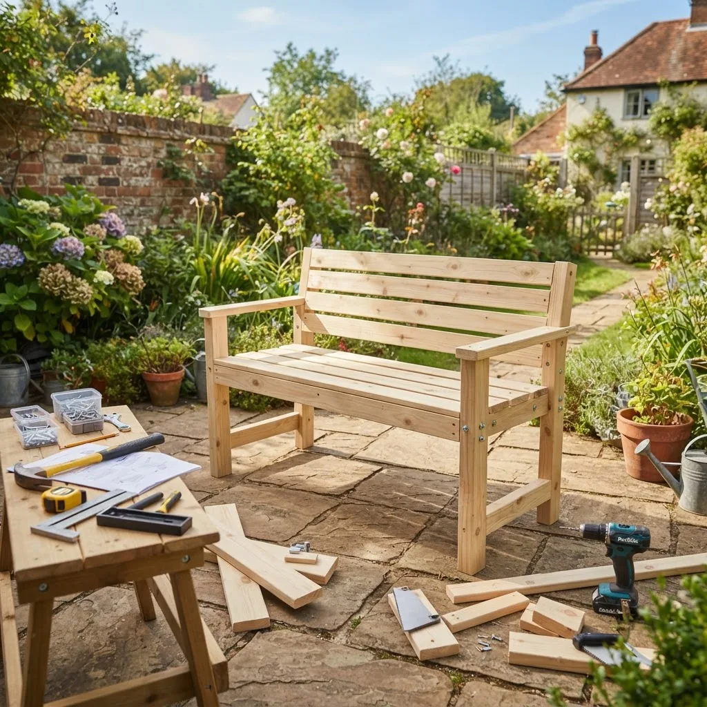 a partially assembled wooden garden bench on a sunny backyard patio, with woodworking tools and wood pieces neatly arranged nearby, daytime