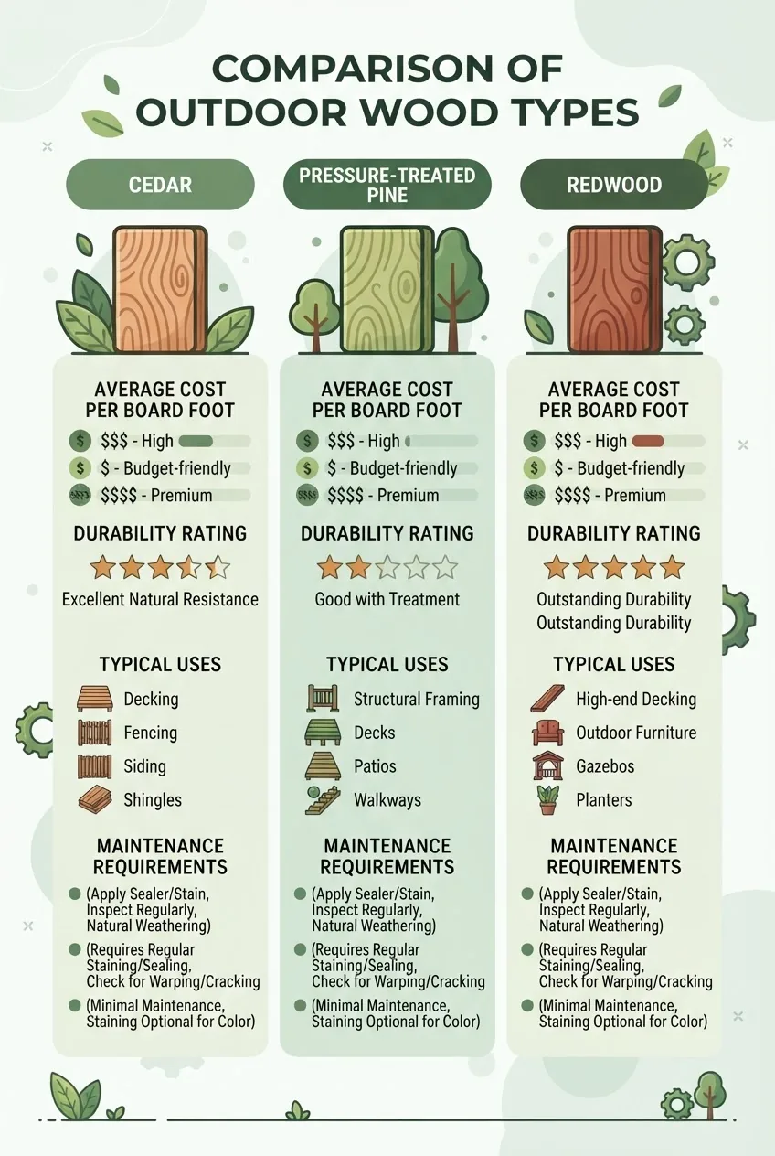 A three-column comparison infographic showing types of outdoor wood (cedar, pressure-treated pine, redwood), each column with an icon of a