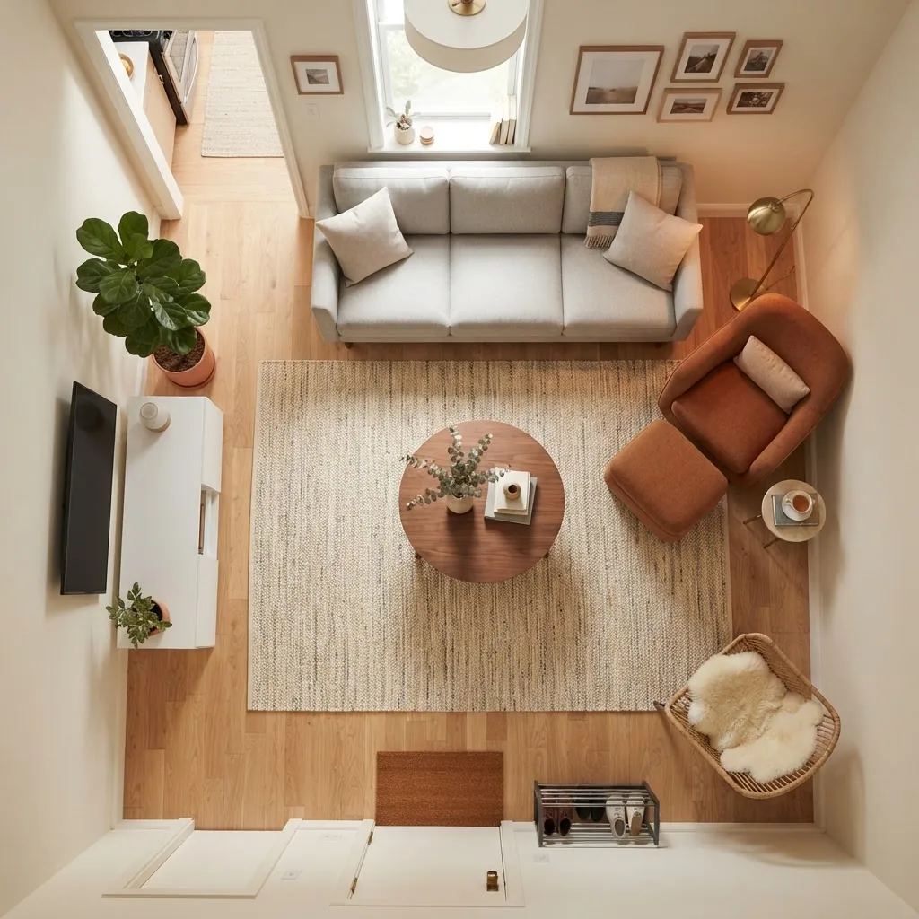 n overhead perspective of a small living room layout showing a carefully arranged seating plan with clear traffic pathways, wall-aligned