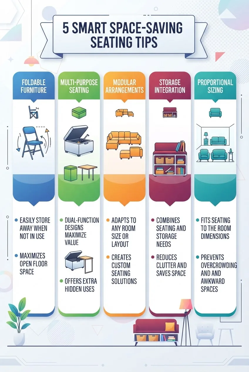 with five sections illustrating space-saving seating tips: foldable furniture, multi-purpose seating, modular arrangements, storage