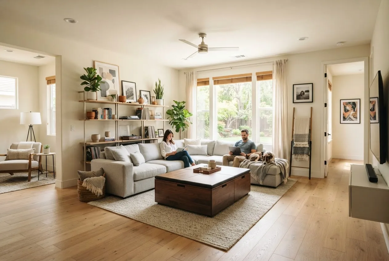 Bright, modern secondary living room with versatile furniture including a sectional sofa, storage ottoman, and multi-use shelving, warm