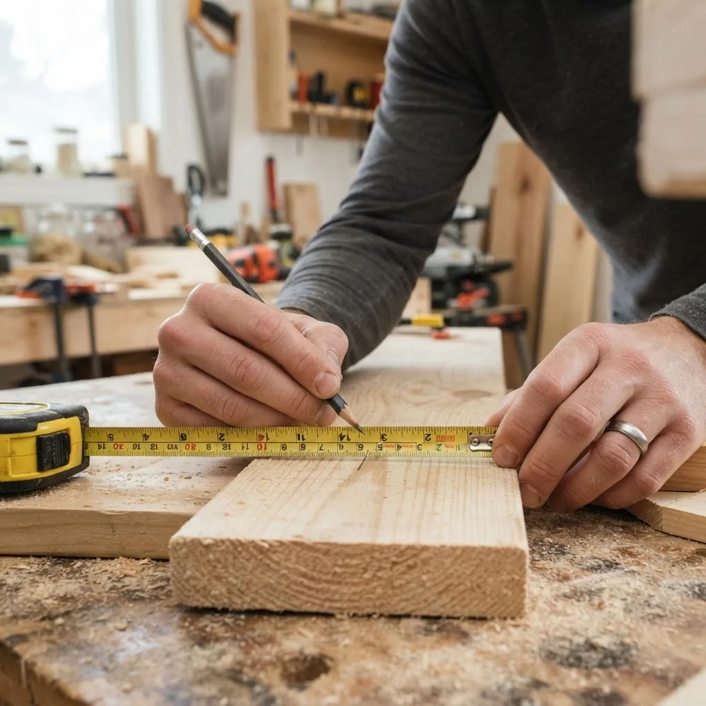 a beginner’s hands measuring and marking a wooden plank with a pencil and tape measure in a well-lit home workshop environment, capturing