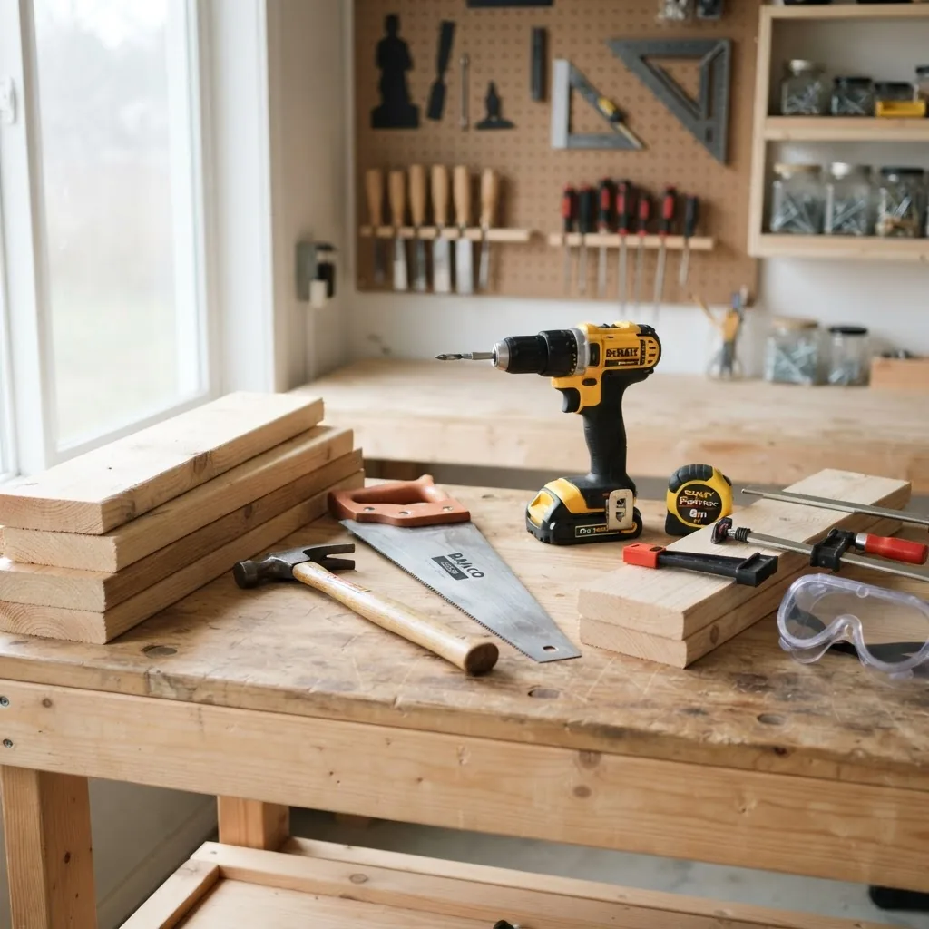 bright, clean workbench scene showing essential carpentry tools including a hammer, hand saw, cordless drill, measuring tape, wood clamps,