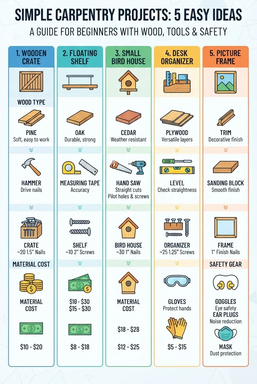 five columns for five simple carpentry projects, each column with icons of wood types, tool icons, estimated quantities of nails/screws,
