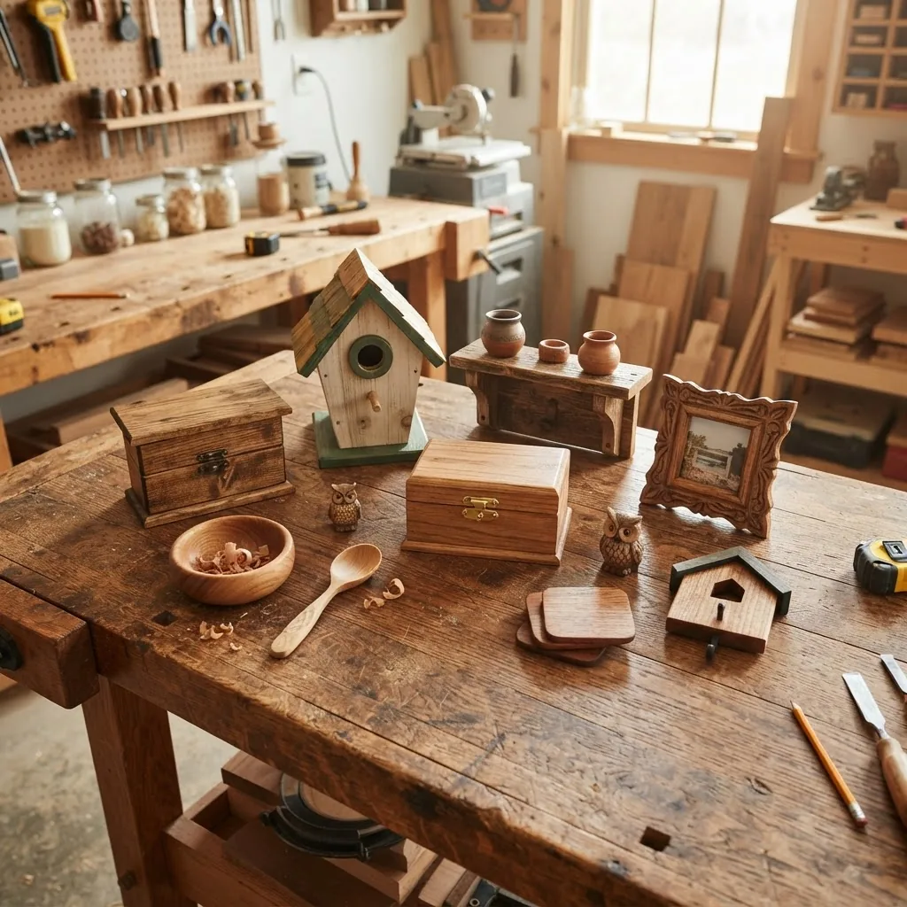 Overhead shot of a variety of small finished wood projects displayed on a rustic wooden table, including a birdhouse, wooden box, small