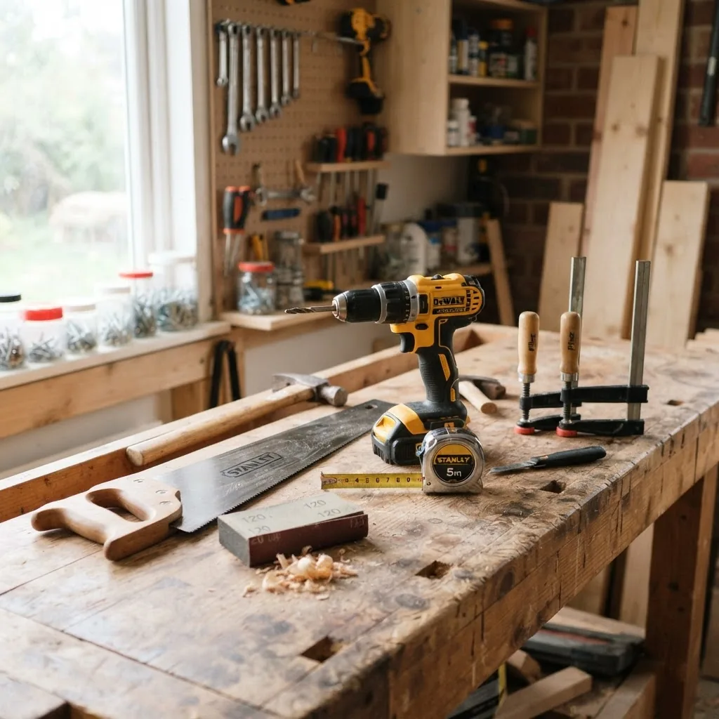 Close-up photo of beginner woodworking tools arranged neatly on a wooden workbench, including a handsaw, cordless drill, measuring tape,