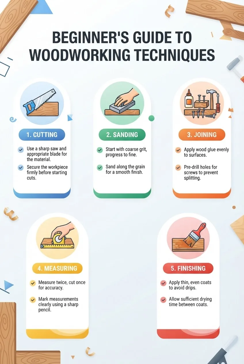 Infographic illustrating five basic woodworking techniques: cutting, sanding, joining (glue, nails, screws), measuring, and finishing, each