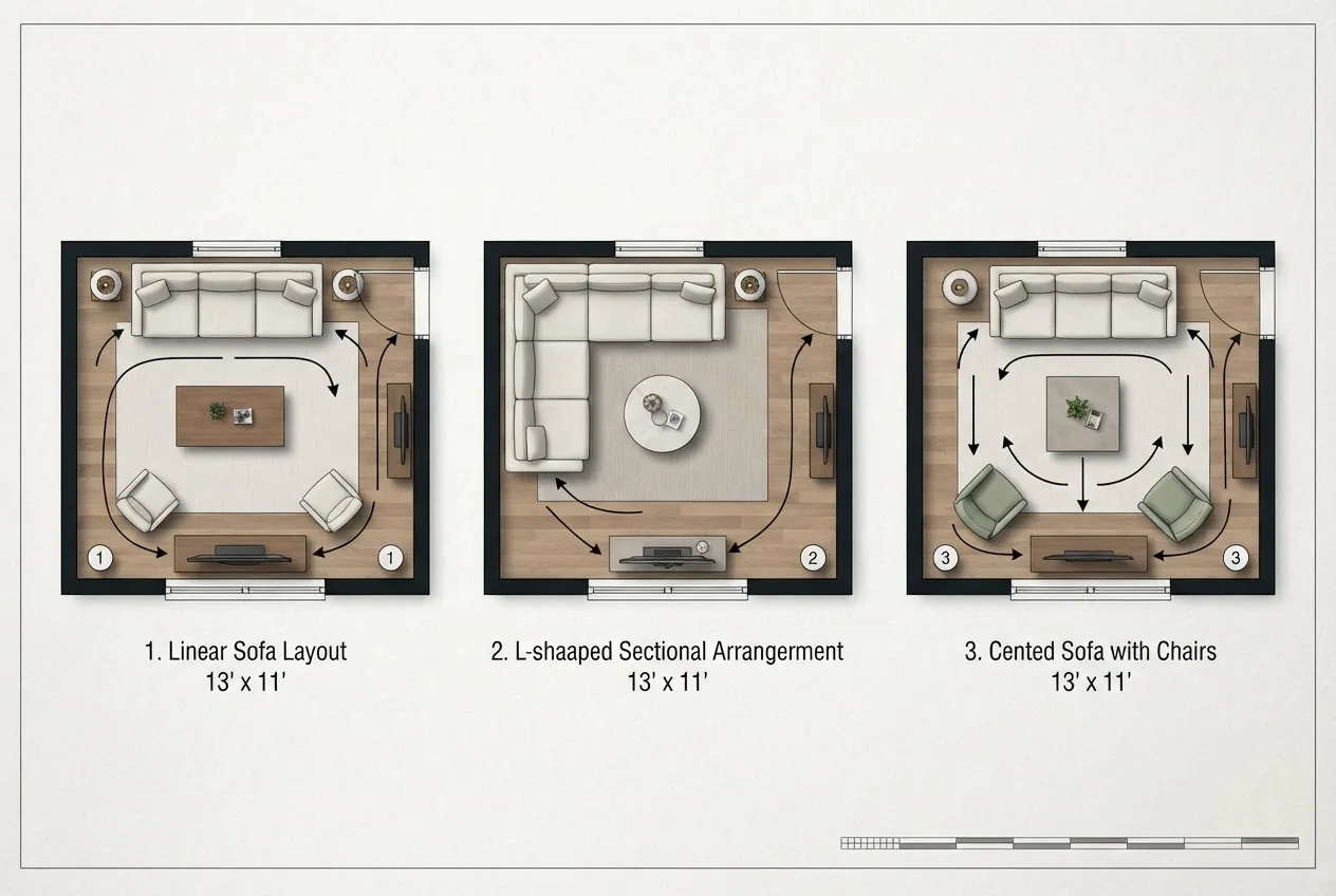 clean overhead perspective of three different small living room furniture layout diagrams side-by-side: linear sofa layout, L-shaped