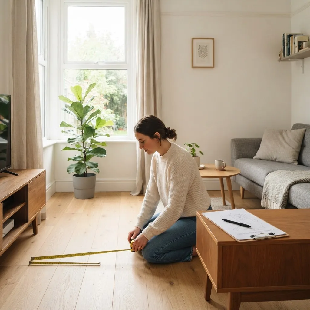 A bright, well-lit small living room interior shot showing a person using a tape measure and sketching room dimensions on graph paper, with