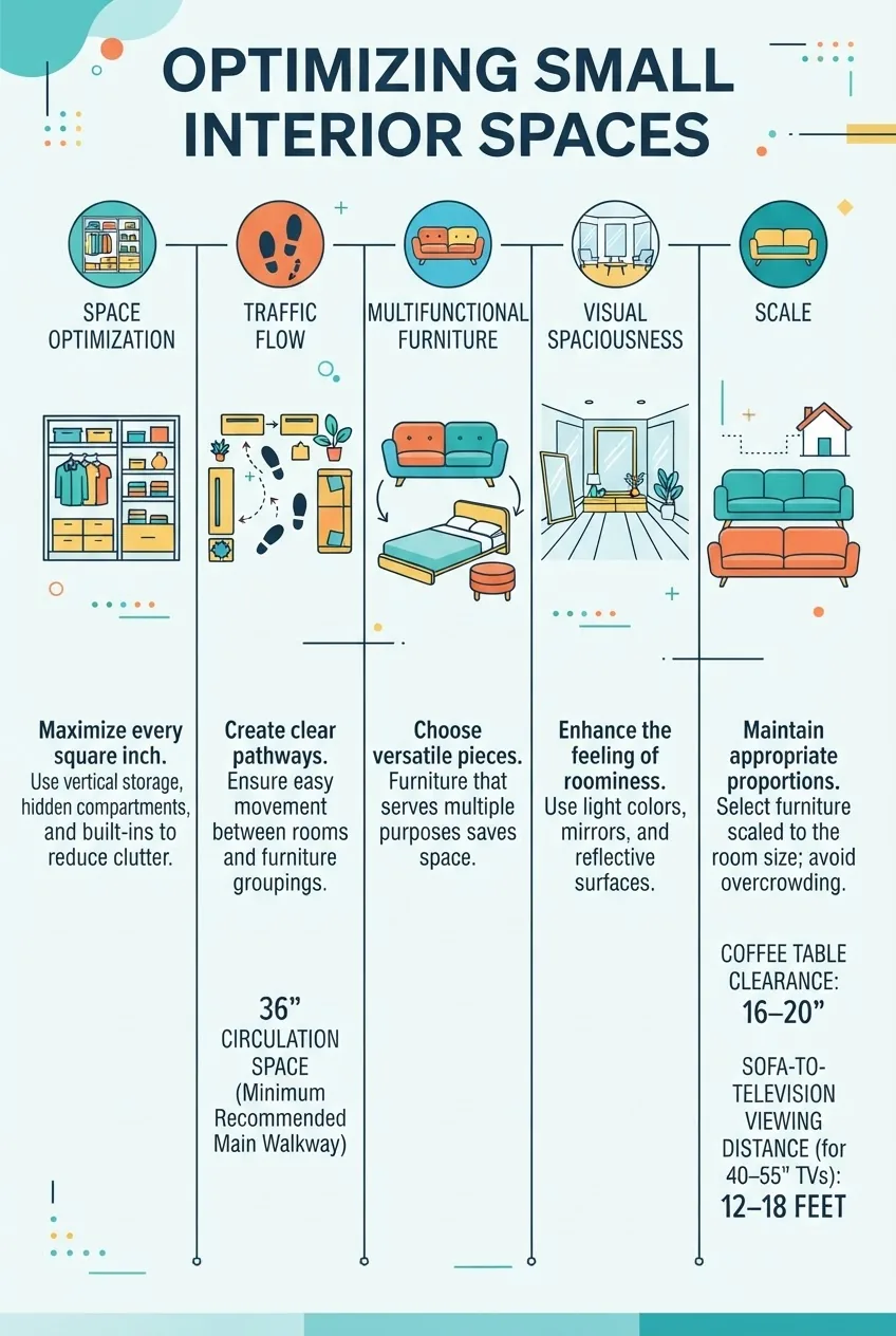 illustrates five vertical sections: space optimization, traffic flow, multifunctional furniture, visual spaciousness, and scale—with simple