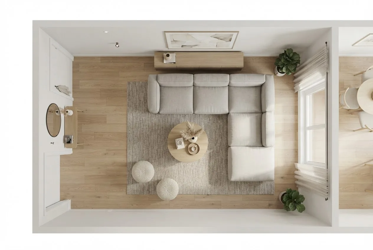 n overhead view of a small living room floor plan with a floating modular sectional arrangement, minimalist decor, clear traffic pathways,