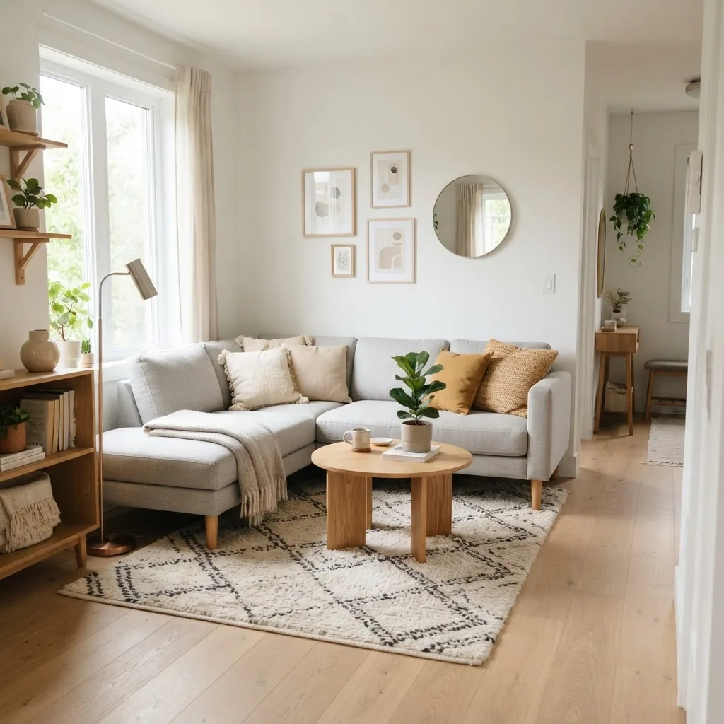 A bright, cozy small living room showing an L-shaped sectional sofa hugging a corner with a compact coffee table, natural daylight, modern