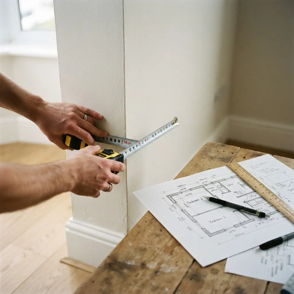 hands measuring an interior room wall with a tape measure and a detailed floor plan drawing next to it on a table with a pencil, ruler, and