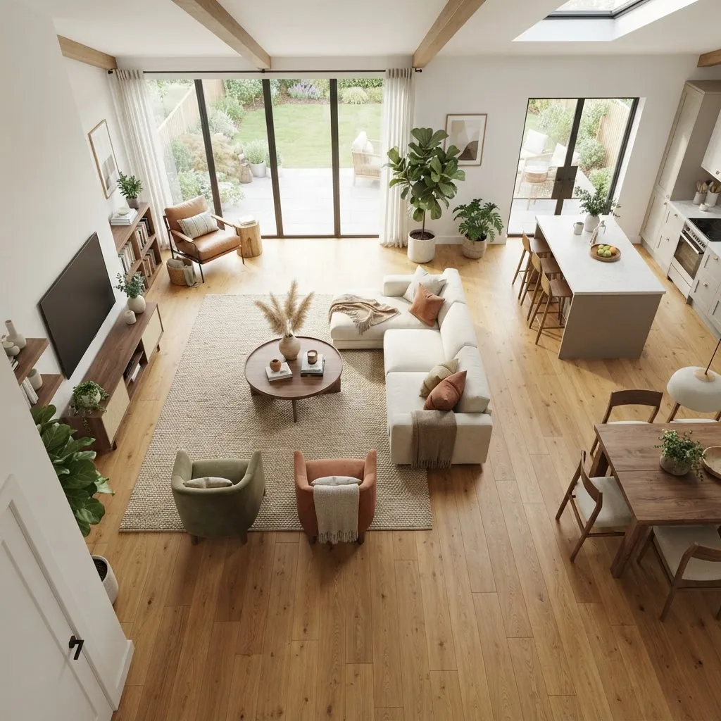 from above showing clear zones for seating, traffic paths, and furniture with visible space between items; natural daylight, warm colors,