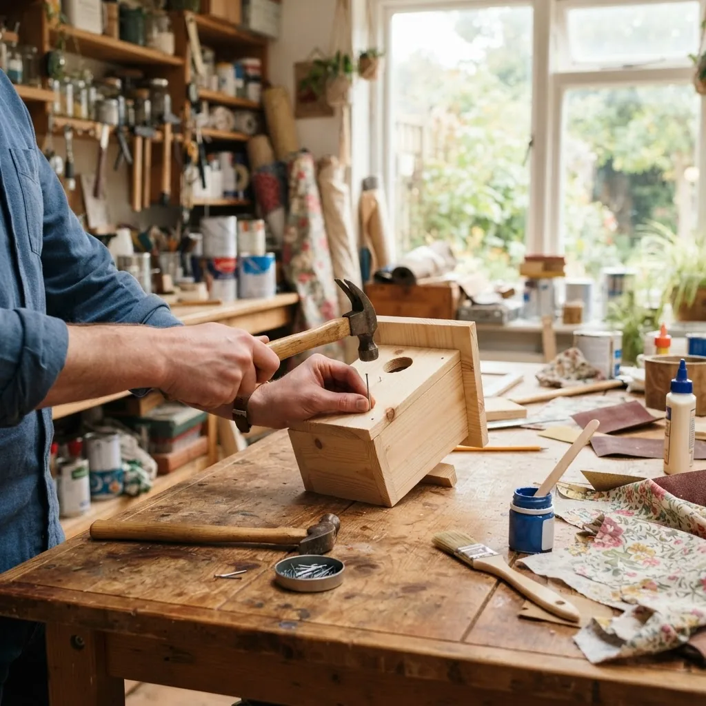 A bright, well-lit cozy home workshop showing a beginner’s DIY project in progress on a wooden table, featuring hands using basic tools
