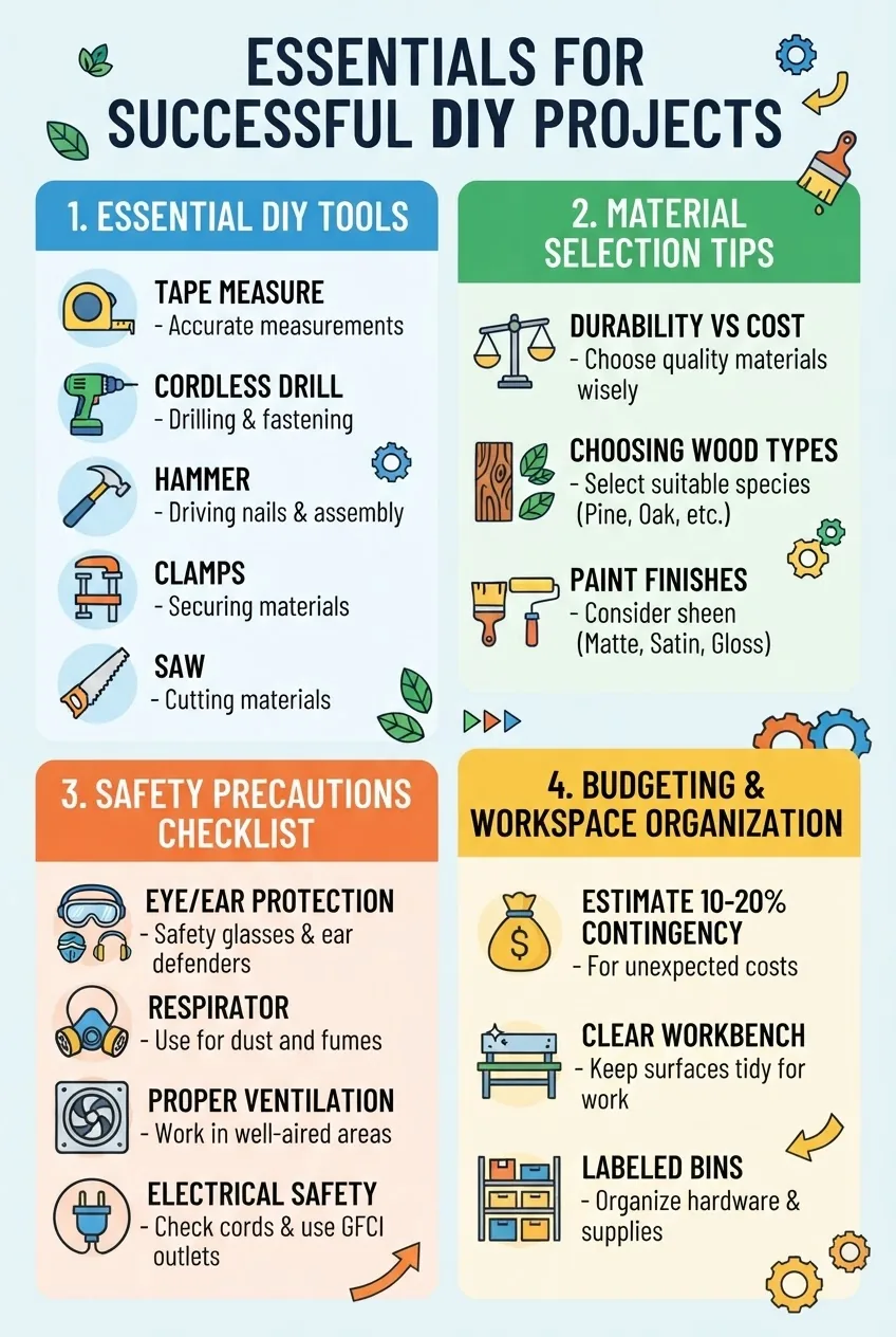 has four vertical sections: 1) Essential DIY tools (with icons) listing tape measure, cordless drill, hammer, clamps, saw; 2) Material